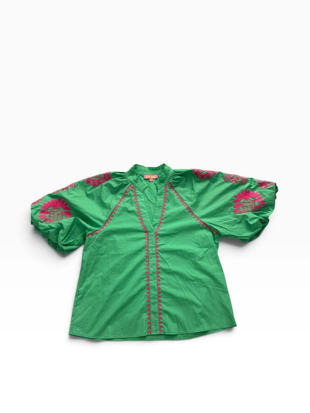 THML Blouse Size M Green Pink Embroidered Short Sleeve Top